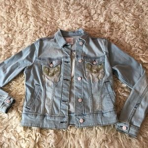 LulaRoe Pale Denim Jean Jacket with Embroidery, XS